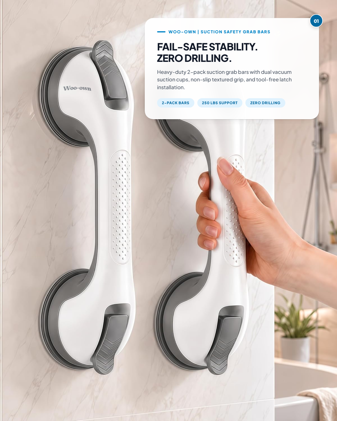 Woo-Own™ Heavy-Duty Dual Suction Shower & Bathtub Safety Grab Bar (2-Pack)