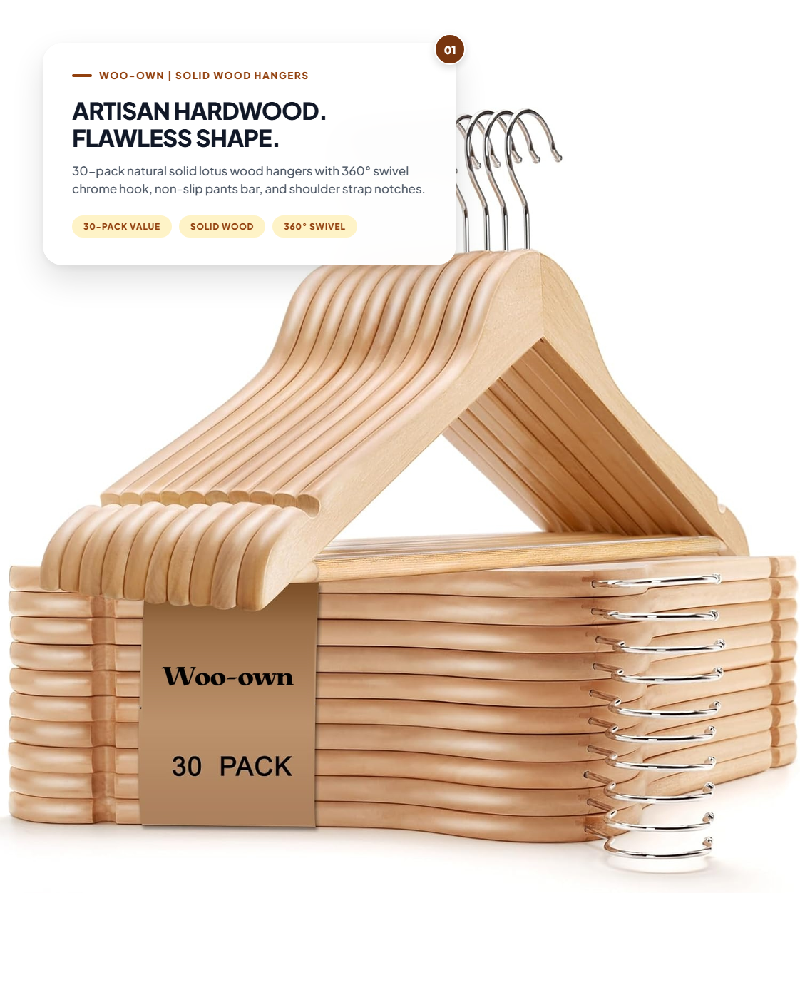 Woo-Own™ Natural Solid Hardwood Suit & Coat Hangers with Non-Slip Bar (30-Pack)