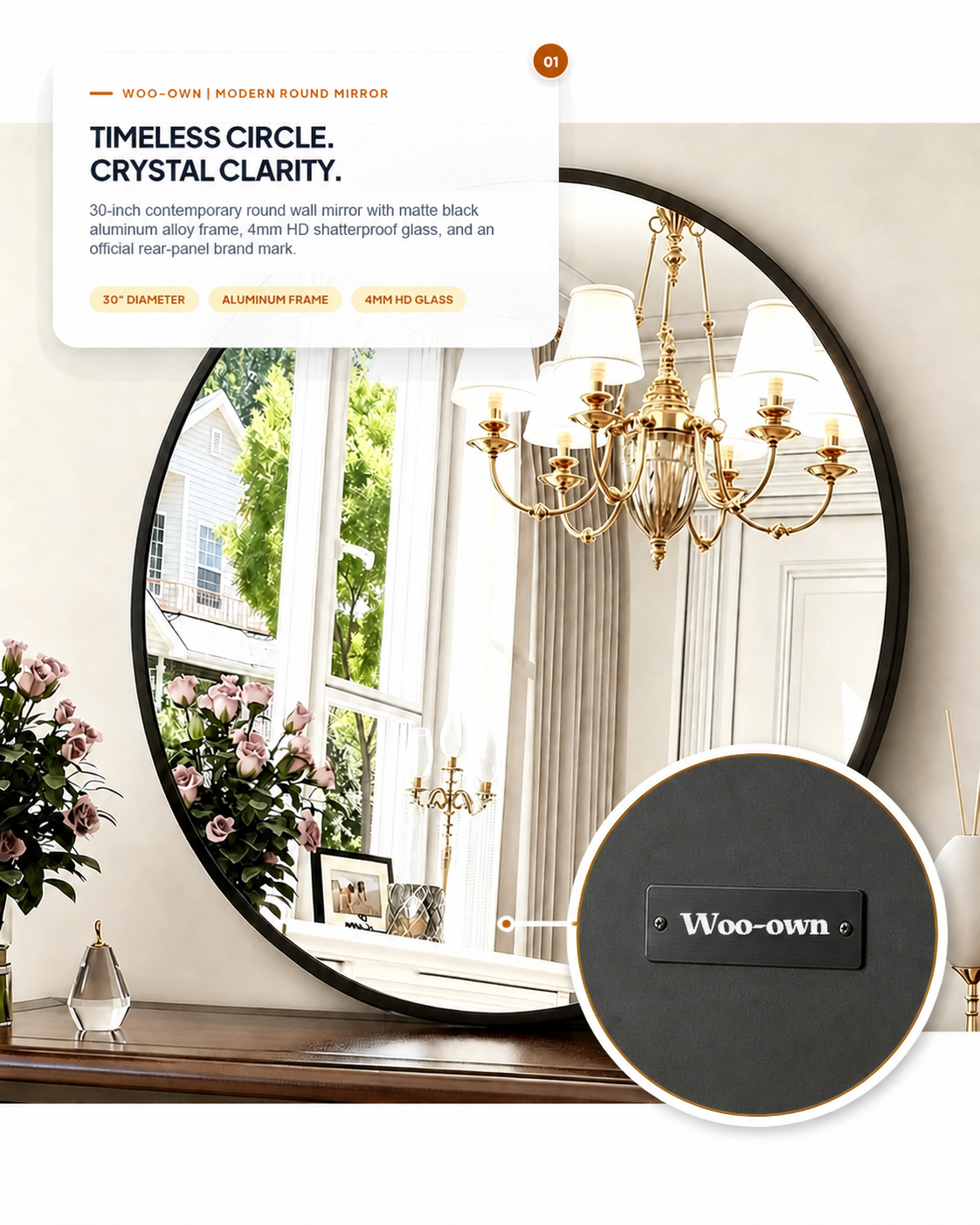 Woo-Own™ Contemporary Matte Aluminum Alloy Framed Round Wall Mirror (30")