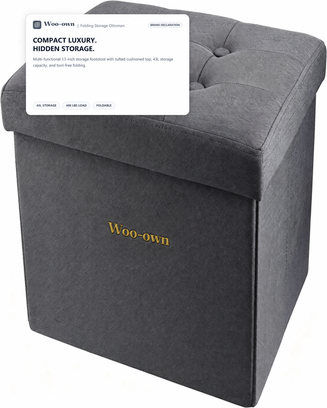 Woo-Own™ Folding Storage Ottoman Footstool with Button-Tufted Cushion (13" Cube)