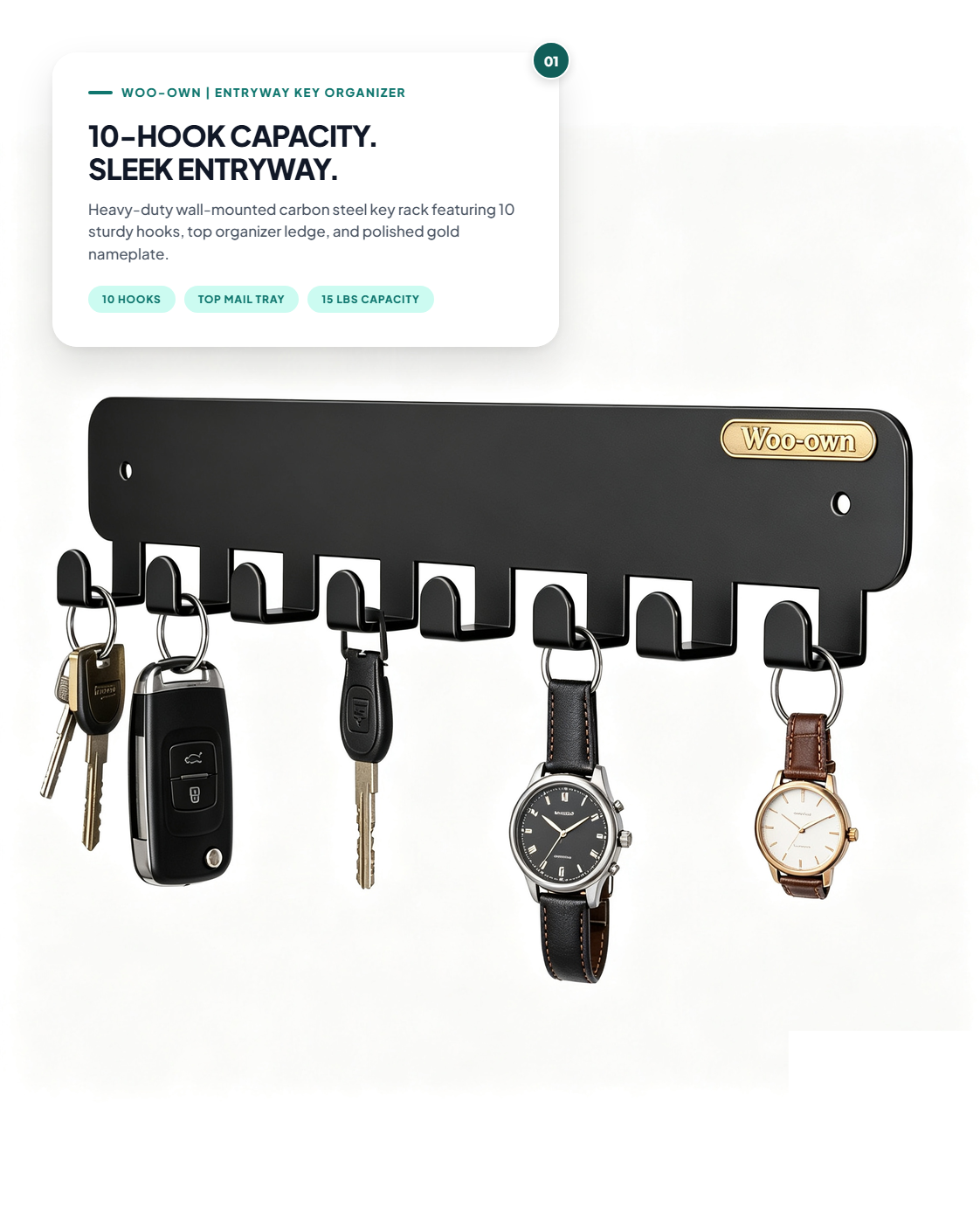 Woo-Own™ Wall-Mounted Entryway Key Rack Organizer with Mail Holder & 6 Hooks