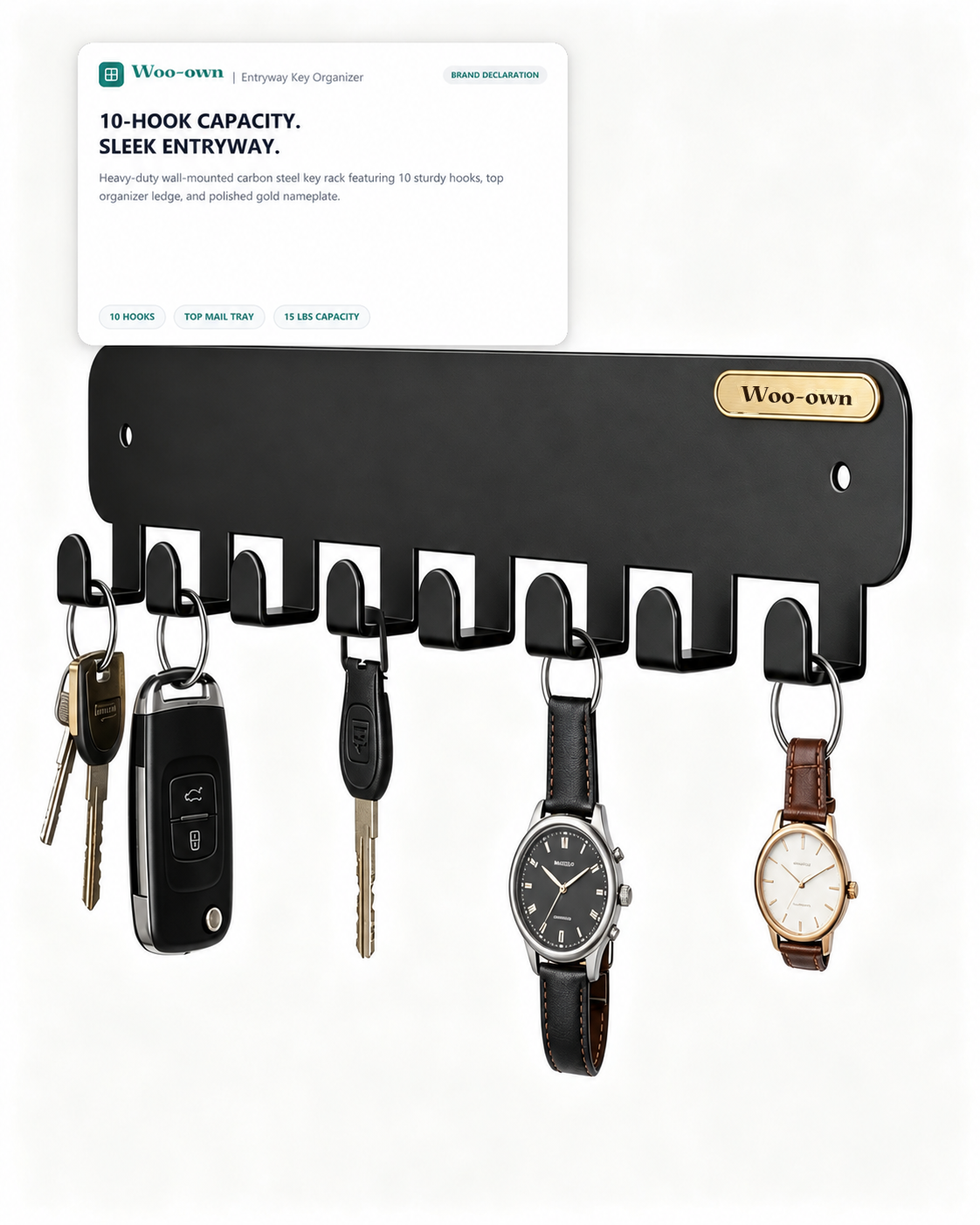 Woo-Own™ Wall-Mounted Entryway Key Rack Organizer with Mail Holder & 6 Hooks - View 1