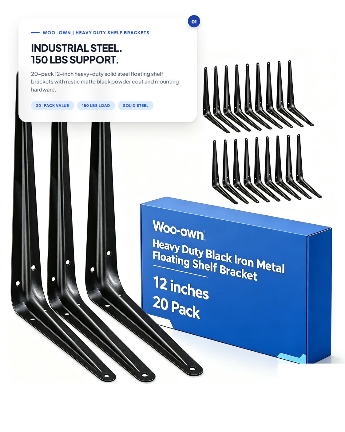 Woo-Own™ Heavy-Duty Industrial Floating Shelf L-Brackets & Hardware Unit (20-Pack)