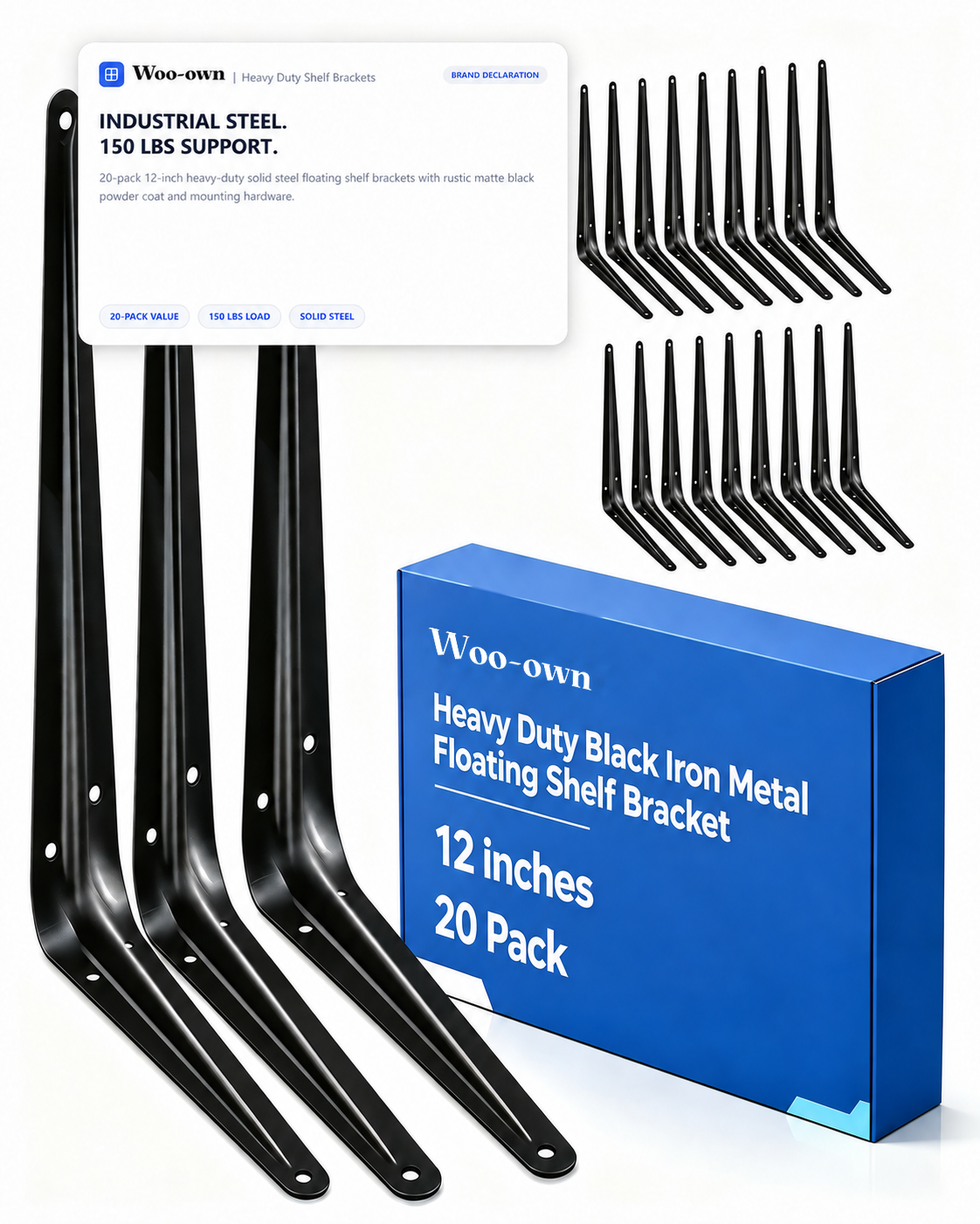 Woo-Own™ Heavy-Duty Industrial Floating Shelf L-Brackets & Hardware Unit (20-Pack) - View 1
