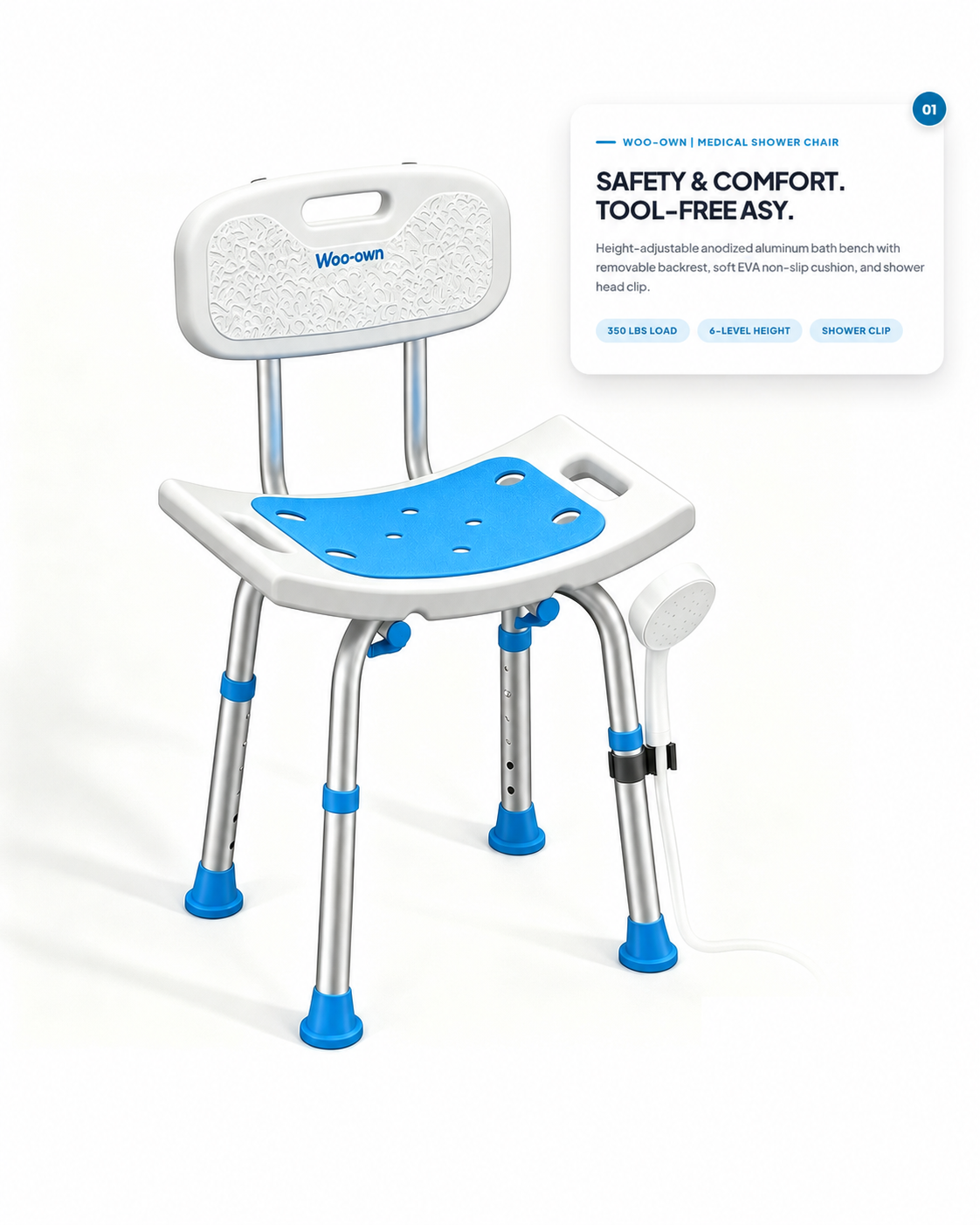 Woo-Own™ Medical-Grade Adjustable Bath & Shower Chair with Armrests & Backrest