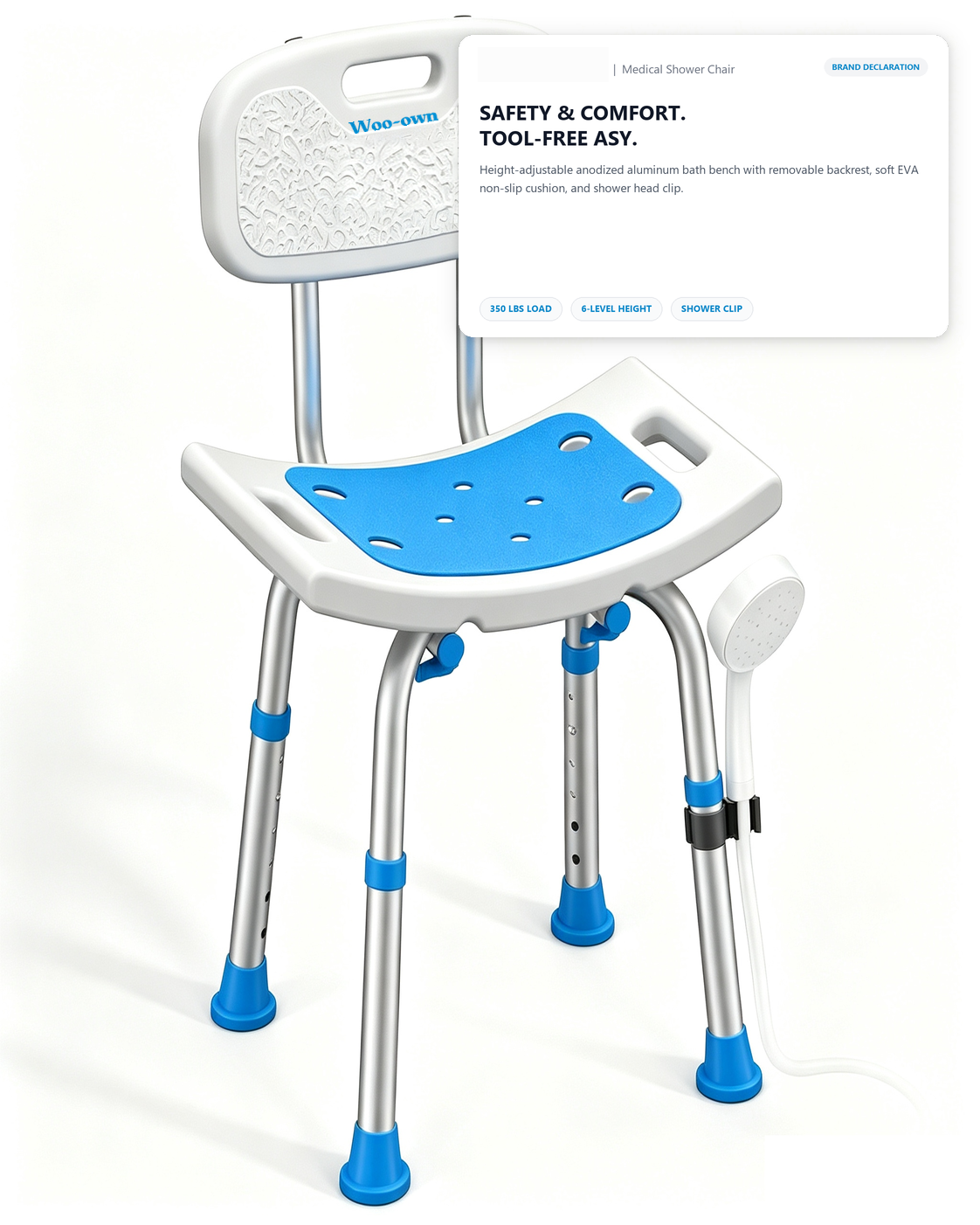 Woo-Own™ Medical-Grade Adjustable Bath & Shower Chair with Armrests & Backrest - View 1